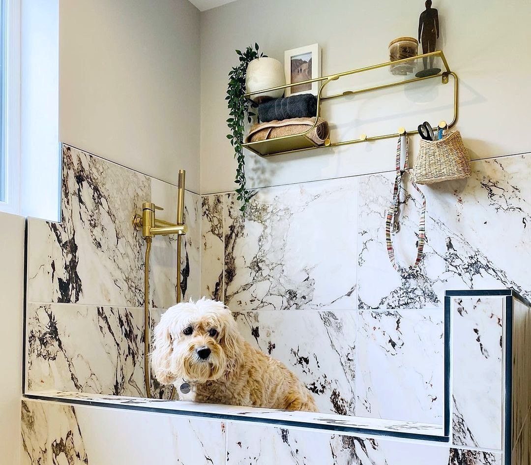 Tiled dog-washing shower in marble-effect porcelain with a brass handheld